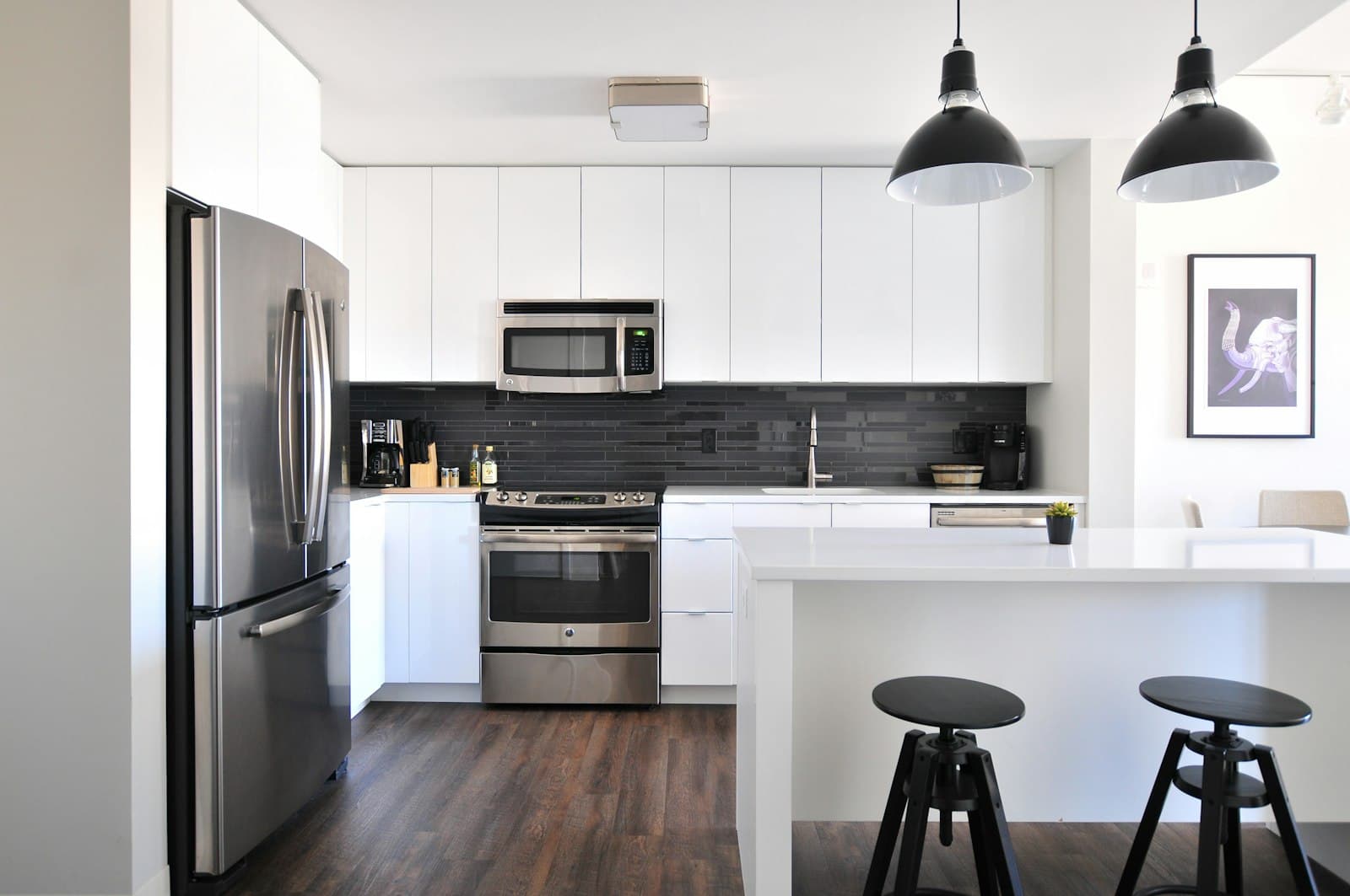 A bright kitchen with pendant lights